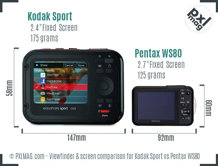 Kodak Sport vs Pentax WS80 Screen and Viewfinder comparison