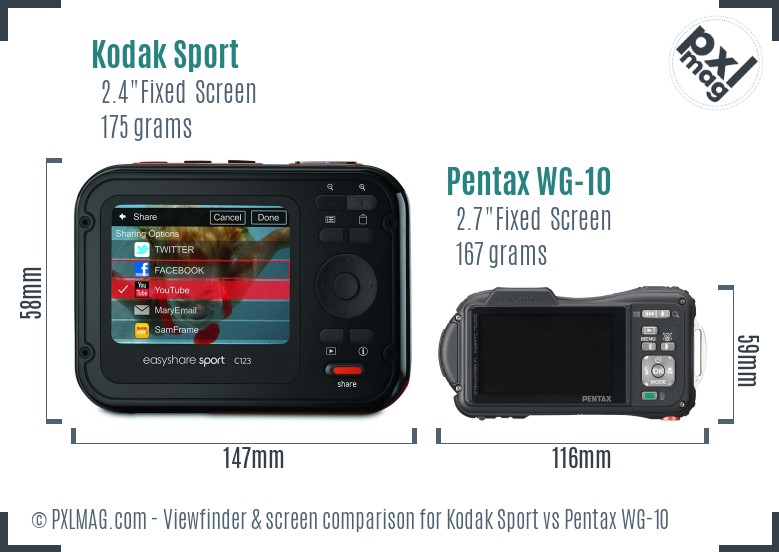 Kodak Sport vs Pentax WG-10 Screen and Viewfinder comparison