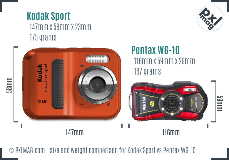 Kodak Sport vs Pentax WG-10 size comparison