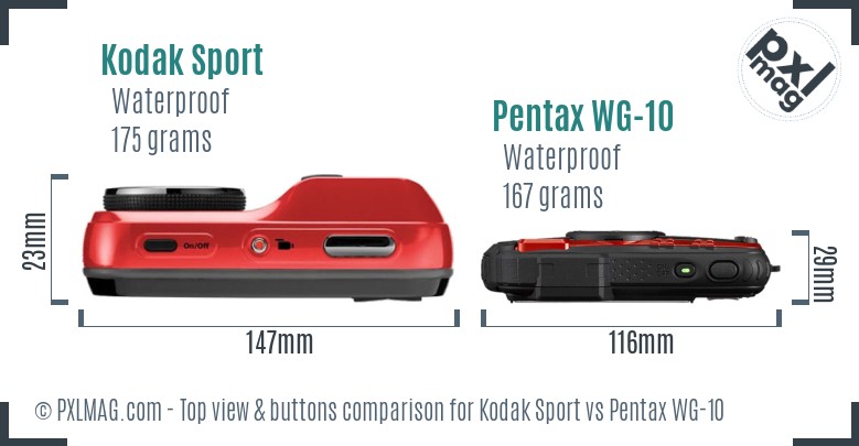 Kodak Sport vs Pentax WG-10 top view buttons comparison
