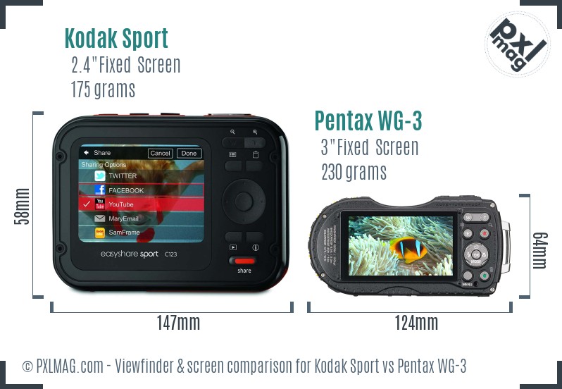 Kodak Sport vs Pentax WG-3 Screen and Viewfinder comparison
