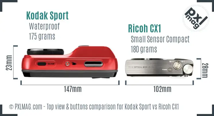 Kodak Sport vs Ricoh CX1 top view buttons comparison