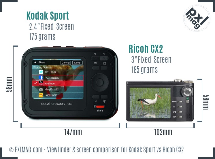 Kodak Sport vs Ricoh CX2 Screen and Viewfinder comparison