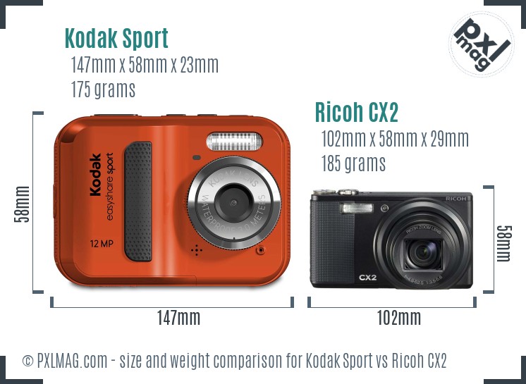 Kodak Sport vs Ricoh CX2 size comparison