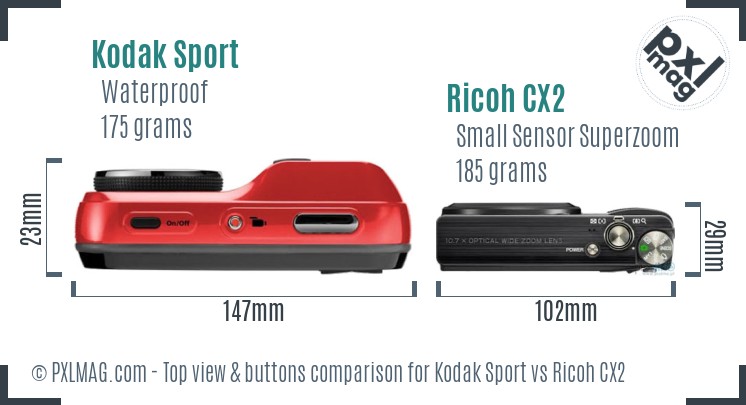 Kodak Sport vs Ricoh CX2 top view buttons comparison