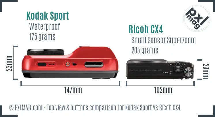 Kodak Sport vs Ricoh CX4 top view buttons comparison Kodak Sport vs Ricoh CX4 top view buttons comparison