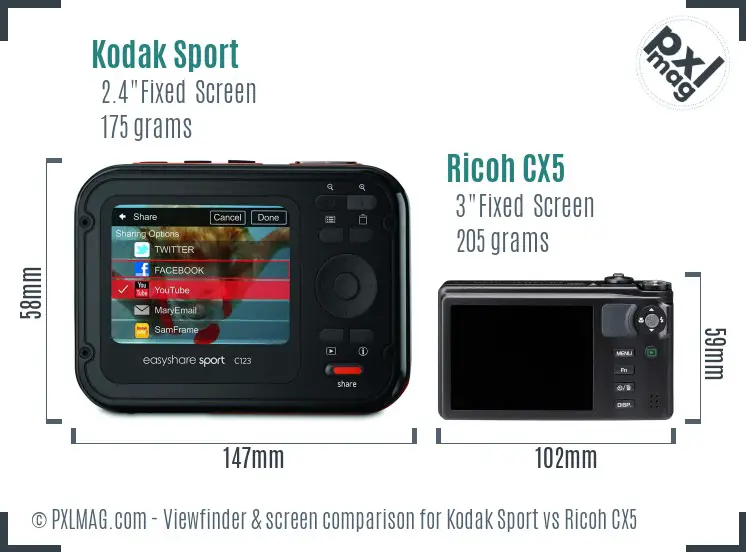 Kodak Sport vs Ricoh CX5 Screen and Viewfinder comparison