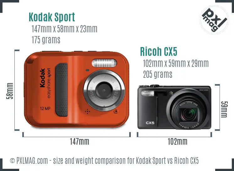 Kodak Sport vs Ricoh CX5 size comparison