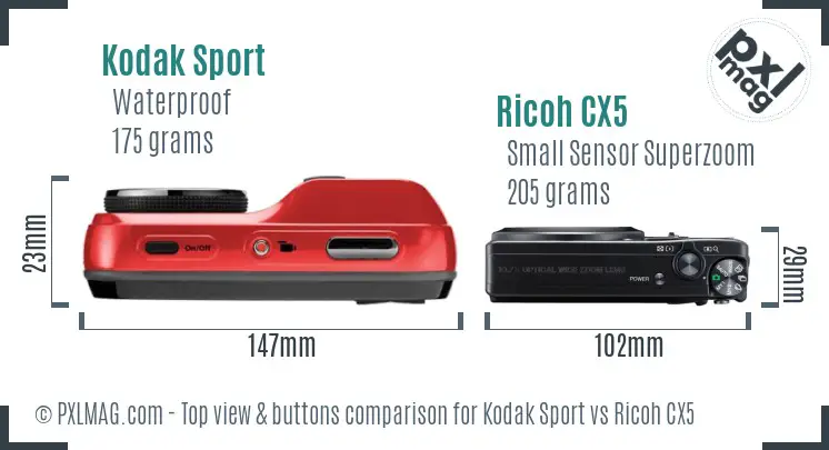 Kodak Sport vs Ricoh CX5 top view buttons comparison