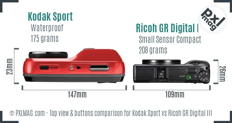 Kodak Sport vs Ricoh GR Digital III top view buttons comparison Kodak Sport vs Ricoh GR Digital III top view buttons comparison