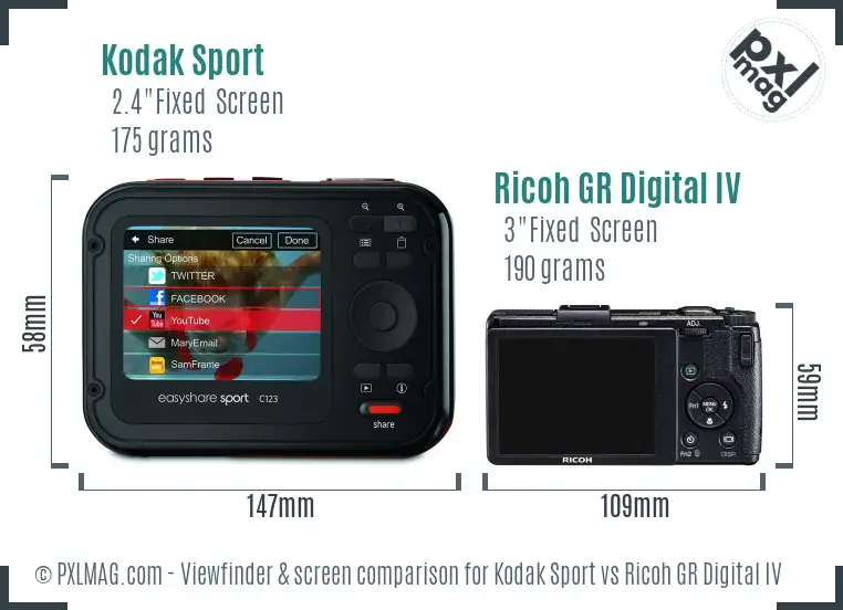 Kodak Sport vs Ricoh GR Digital IV Screen and Viewfinder comparison