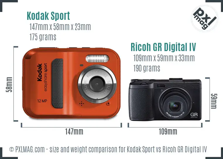 Kodak Sport vs Ricoh GR Digital IV size comparison