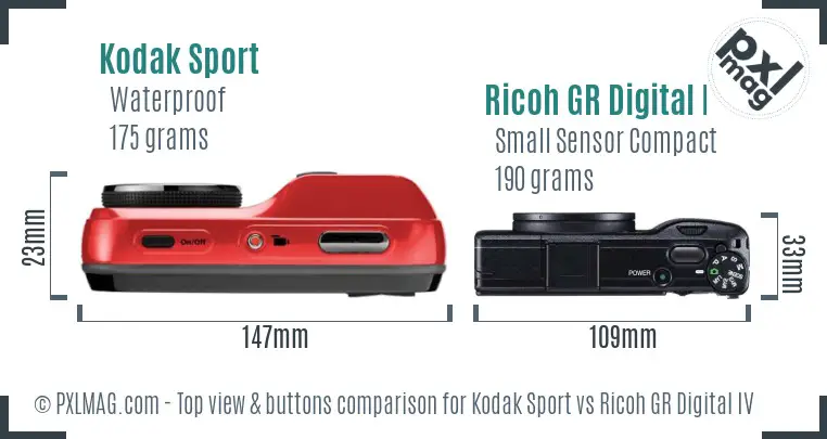 Kodak Sport vs Ricoh GR Digital IV top view buttons comparison