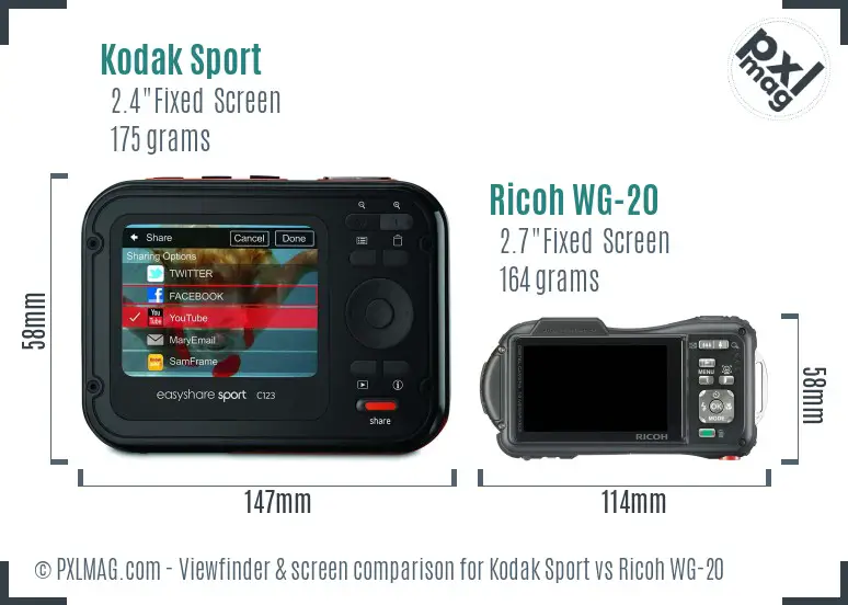 Kodak Sport vs Ricoh WG-20 Screen and Viewfinder comparison