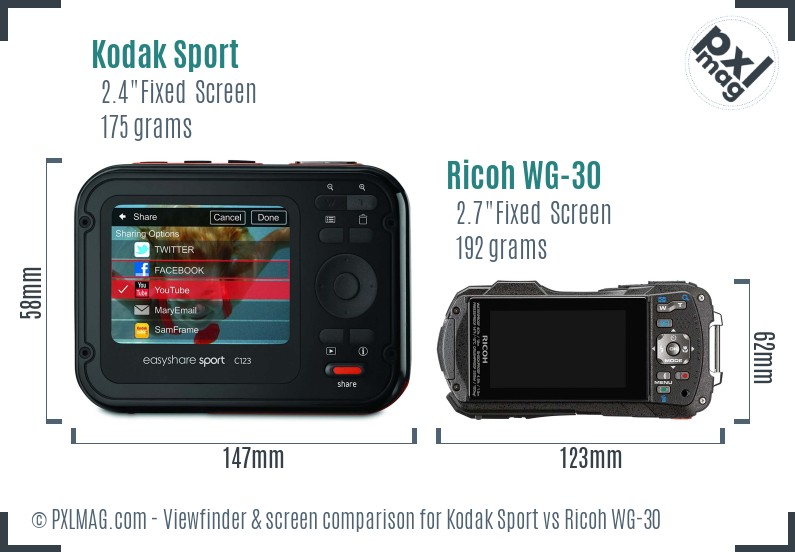 Kodak Sport vs Ricoh WG-30 Screen and Viewfinder comparison