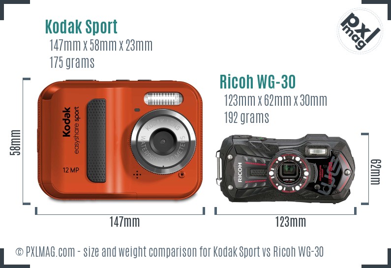 Kodak Sport vs Ricoh WG-30 size comparison