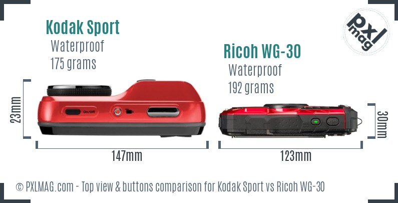 Kodak Sport vs Ricoh WG-30 top view buttons comparison
