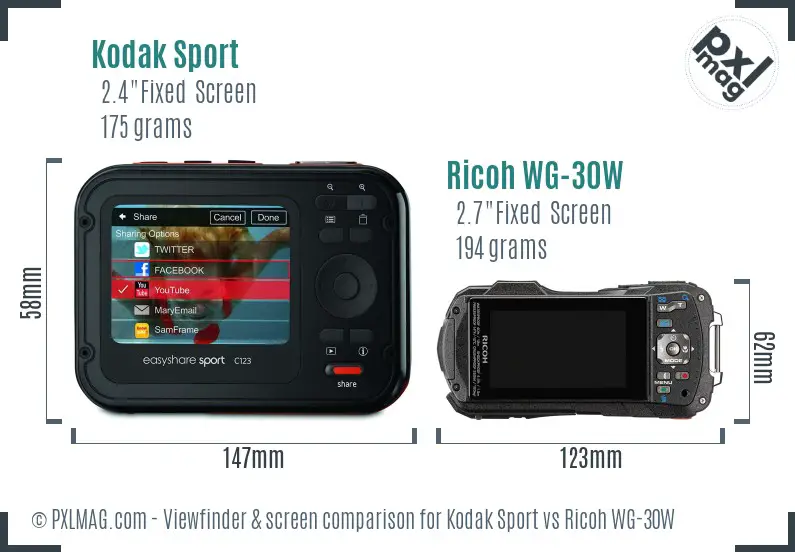 Kodak Sport vs Ricoh WG-30W Screen and Viewfinder comparison