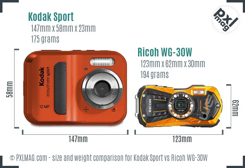 Kodak Sport vs Ricoh WG-30W size comparison