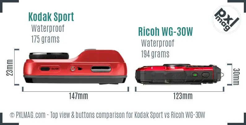Kodak Sport vs Ricoh WG-30W top view buttons comparison