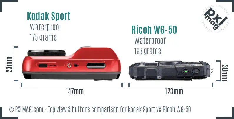 Kodak Sport vs Ricoh WG-50 top view buttons comparison Kodak Sport vs Ricoh WG-50 top view buttons comparison
