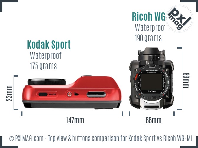 Kodak Sport vs Ricoh WG-M1 top view buttons comparison