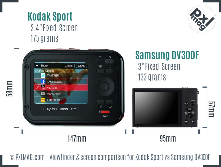 Kodak Sport vs Samsung DV300F Screen and Viewfinder comparison