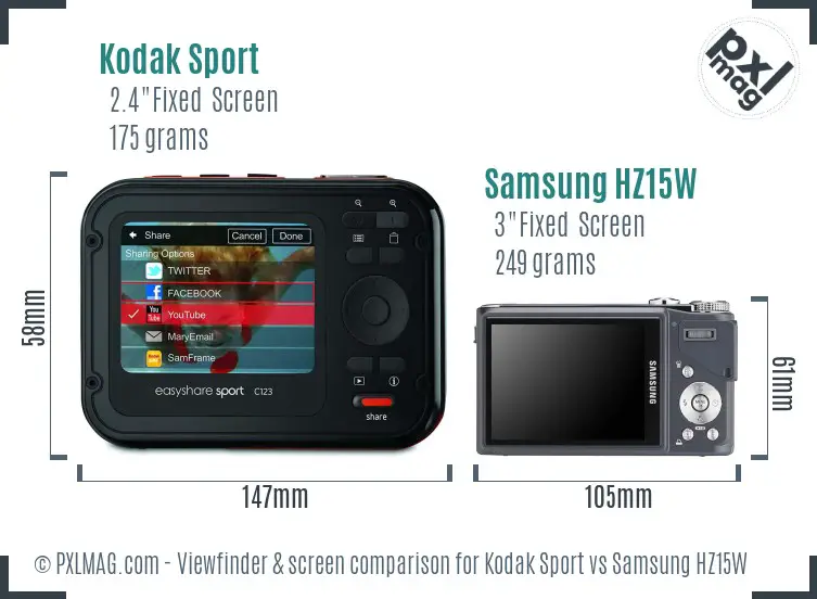 Kodak Sport vs Samsung HZ15W Screen and Viewfinder comparison