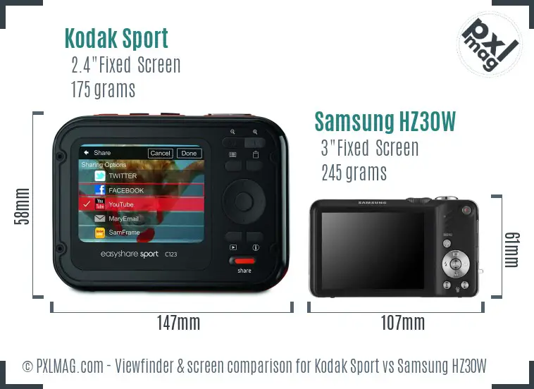 Kodak Sport vs Samsung HZ30W Screen and Viewfinder comparison