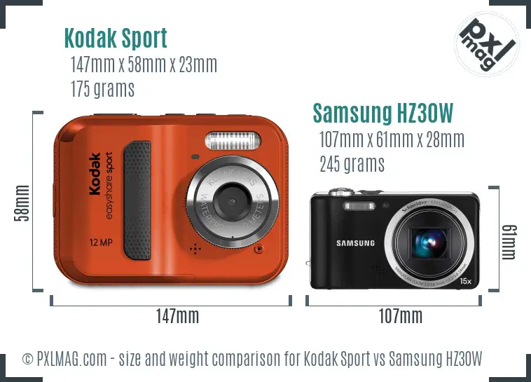 Kodak Sport vs Samsung HZ30W size comparison