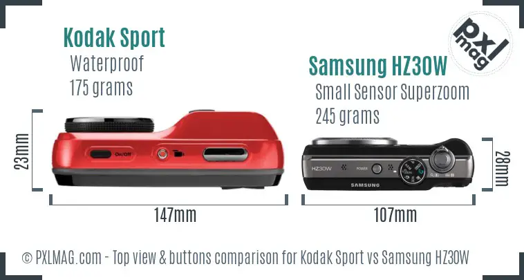 Kodak Sport vs Samsung HZ30W top view buttons comparison