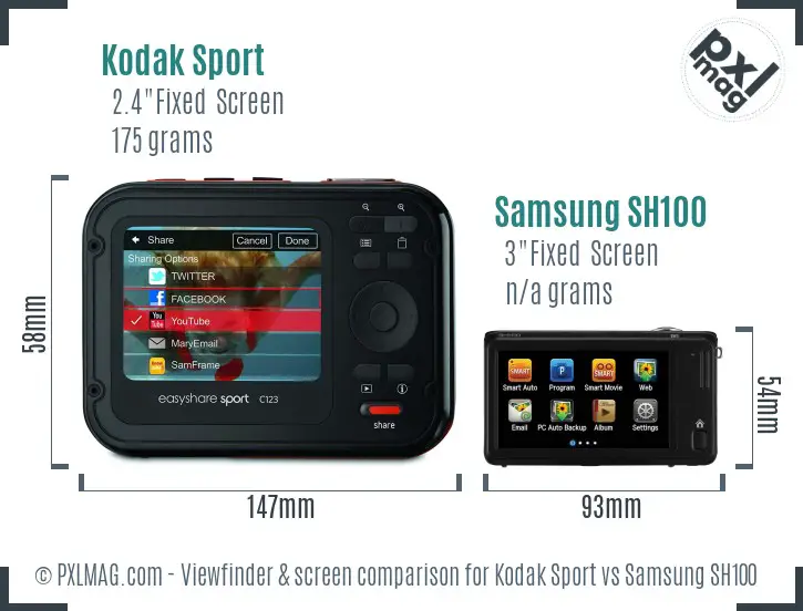 Kodak Sport vs Samsung SH100 Screen and Viewfinder comparison