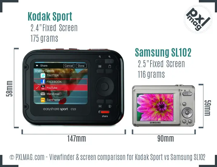 Kodak Sport vs Samsung SL102 Screen and Viewfinder comparison