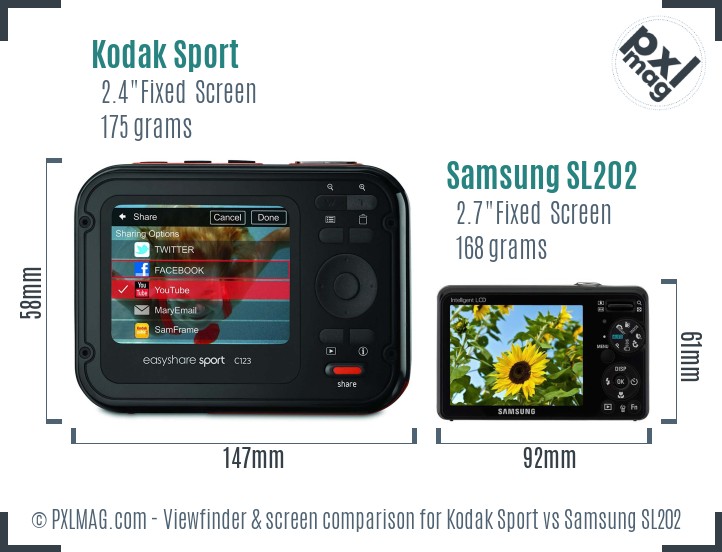 Kodak Sport vs Samsung SL202 Screen and Viewfinder comparison