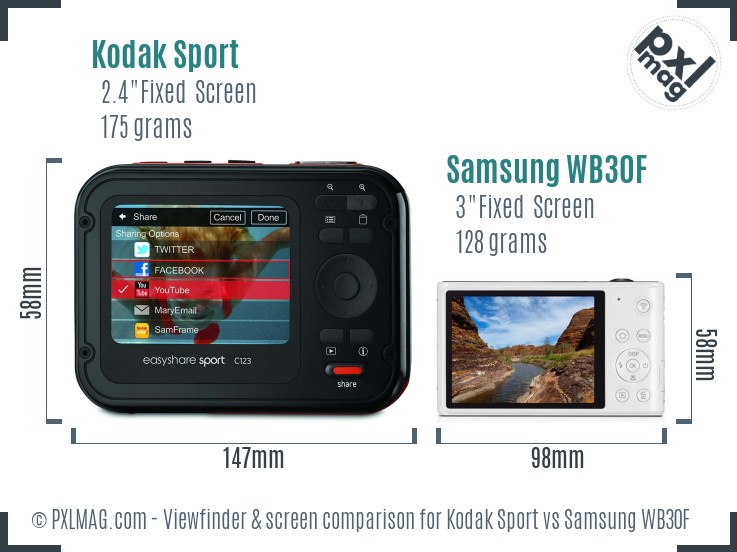 Kodak Sport vs Samsung WB30F Screen and Viewfinder comparison