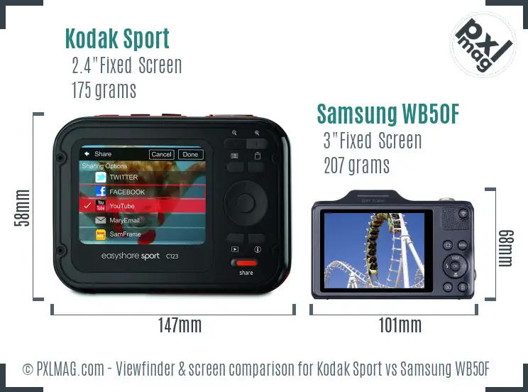 Kodak Sport vs Samsung WB50F Screen and Viewfinder comparison