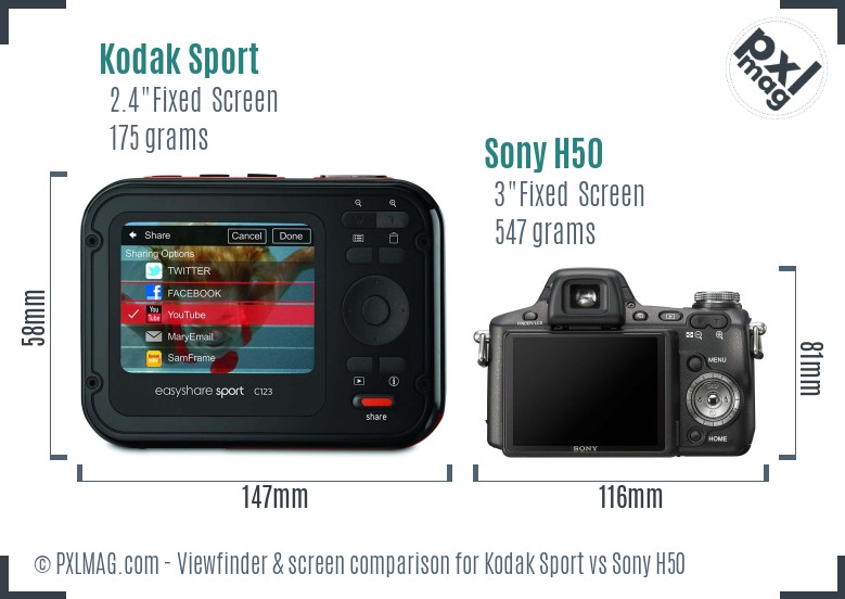 Kodak Sport vs Sony H50 Screen and Viewfinder comparison