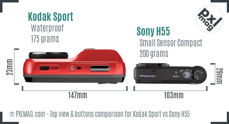 Kodak Sport vs Sony H55 top view buttons comparison Kodak Sport vs Sony H55 top view buttons comparison