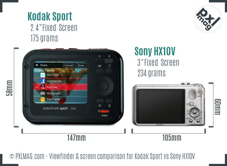 Kodak Sport vs Sony HX10V Screen and Viewfinder comparison