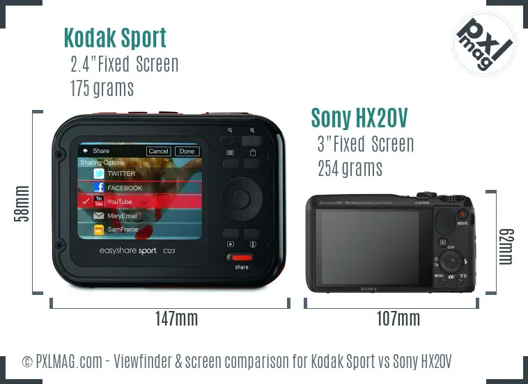 Kodak Sport vs Sony HX20V Screen and Viewfinder comparison