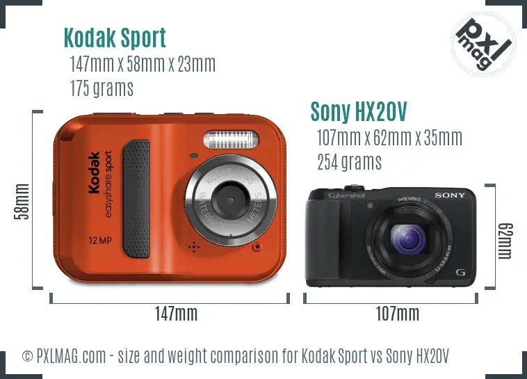 Kodak Sport vs Sony HX20V size comparison