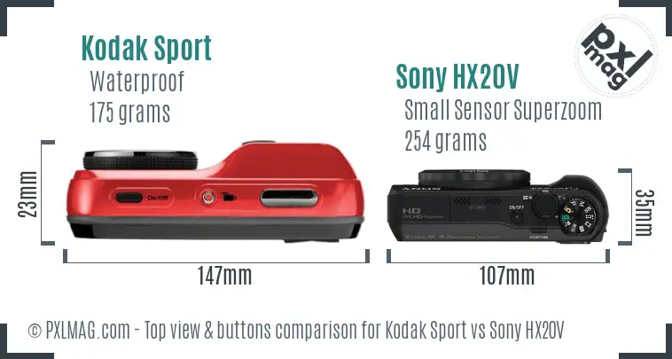 Kodak Sport vs Sony HX20V top view buttons comparison