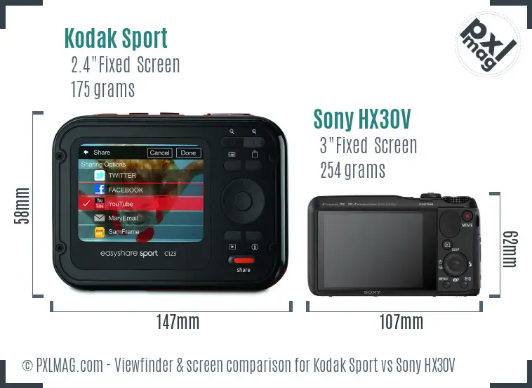 Kodak Sport vs Sony HX30V Screen and Viewfinder comparison