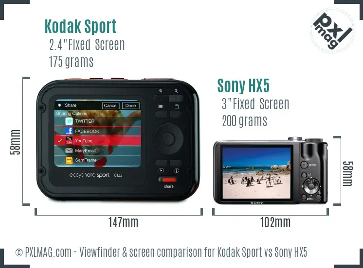 Kodak Sport vs Sony HX5 Screen and Viewfinder comparison