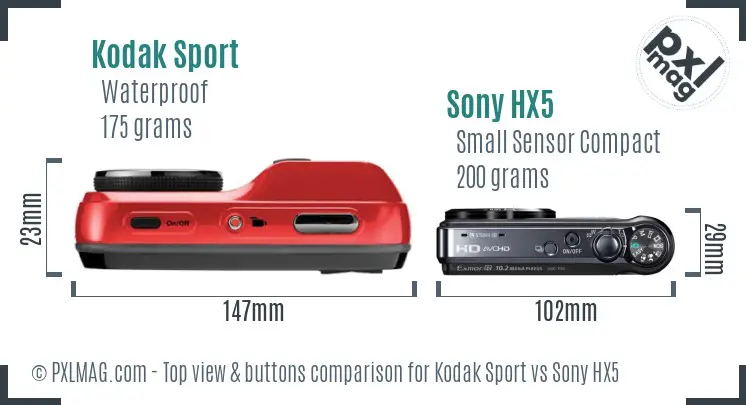 Kodak Sport vs Sony HX5 top view buttons comparison