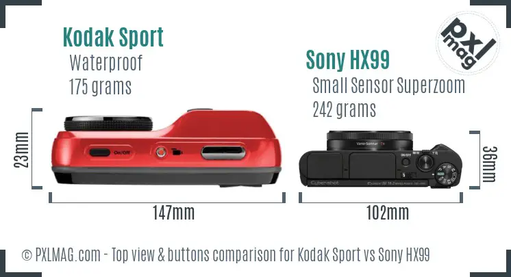 Kodak Sport vs Sony HX99 top view buttons comparison