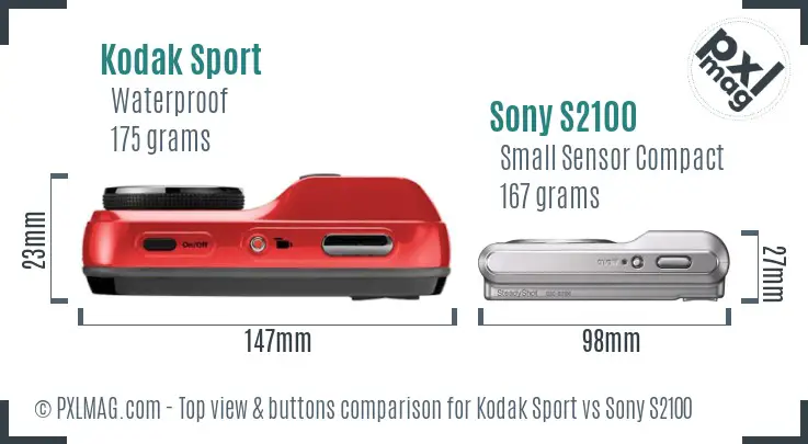 Kodak Sport vs Sony S2100 top view buttons comparison Kodak Sport vs Sony S2100 top view buttons comparison