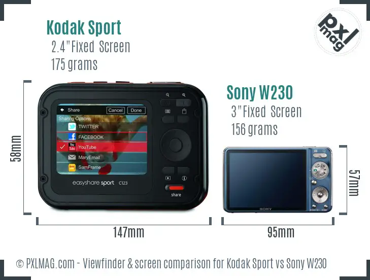 Kodak Sport vs Sony W230 Screen and Viewfinder comparison