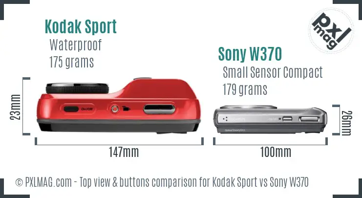 Kodak Sport vs Sony W370 top view buttons comparison Kodak Sport vs Sony W370 top view buttons comparison