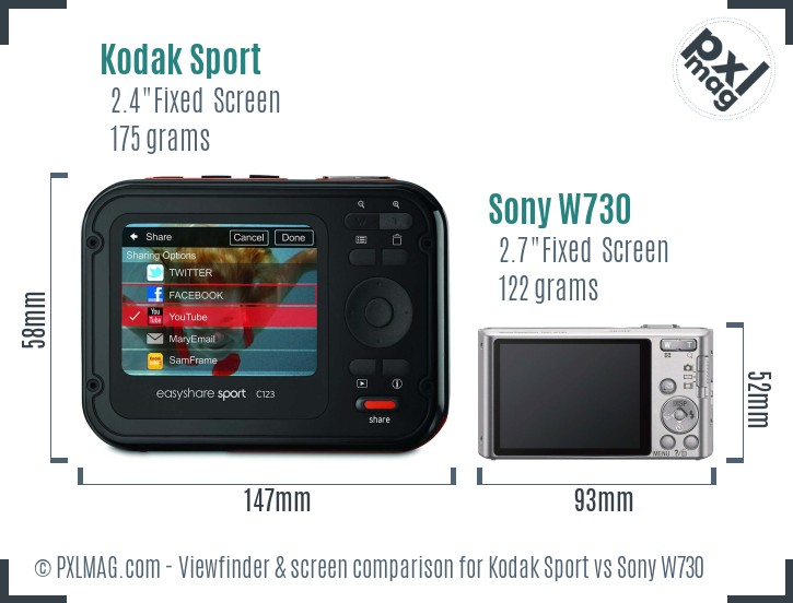 Kodak Sport vs Sony W730 Screen and Viewfinder comparison